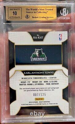2015 Panini Select Rookie Karl-Anthony Towns Jersey Gem Mint 9.5 BGS 10 Auto