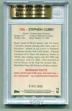 Stephen Curry 2009 Bowman #745/2009 BGS 9.5 Gem Mint Rookie RC